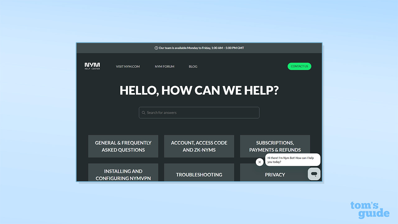 NymVPN's support page