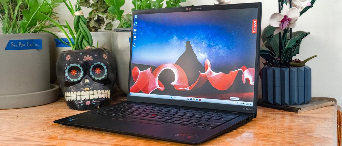 Lenovo ThinkPad X1 Carbon Gen 11 review unit on a desk