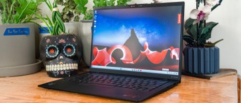Lenovo ThinkPad X1 Carbon Gen 11 review unit on a desk