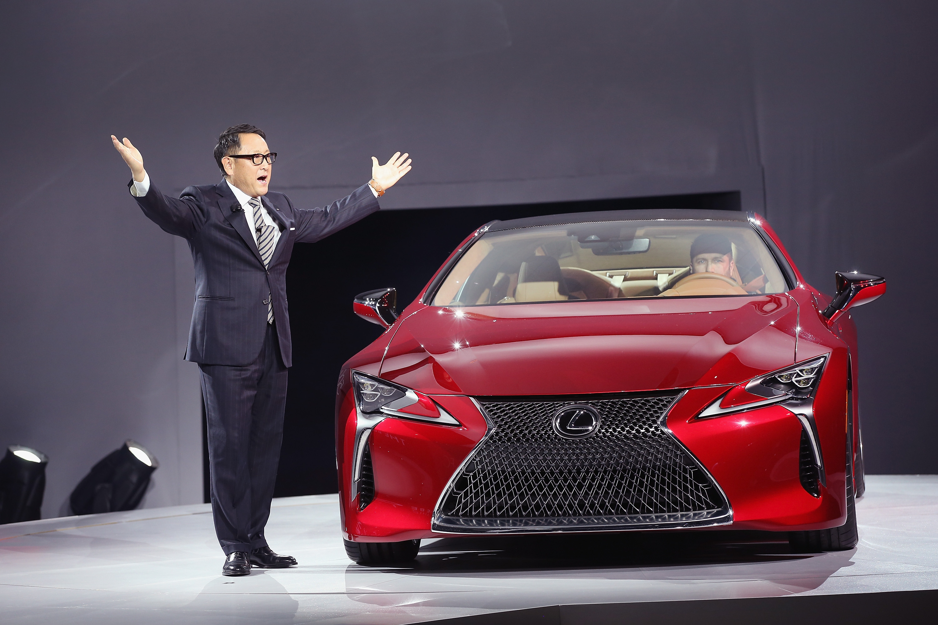 DETROIT, MI - JANUARY 11: Akio Toyoda, president and CEO of Toyota Motor Corporation, introduces the Lexus LC 500 coupe at the North American International Auto Show on January 11, 2016 in De
