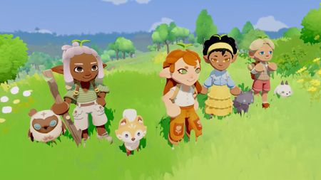 A cast of cel-shaded characters looks hopefully over the horizon with pet companions in toe