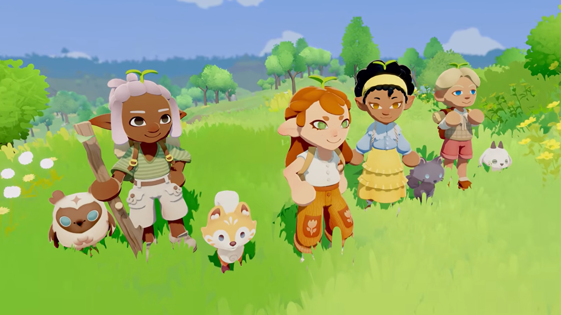 A cast of cel-shaded characters looks hopefully over the horizon with pet companions in toe