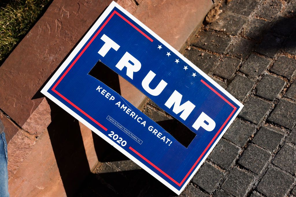 A Trump sign with Vice President Mike Pence&#039;s name removed