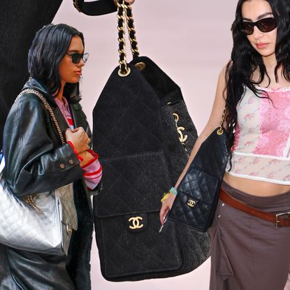 a collage of Dua Lipa, Charli xcx, and models carrying the chanel 25 bag