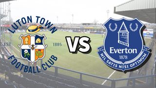 The Luton Town and Everton club badges on top of a photo of Kenilworth Road stadium in Luton, England