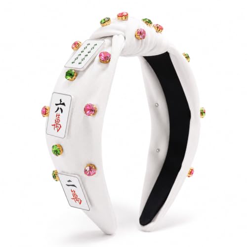 Eclenyes Mahjong Knotted Headband, White Wide Top Knot Hairband With Rhinestone Crystal, Funny Hair Accessory, Gift for Women