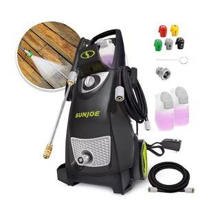 Sun Joe 2030 MAX PSI Pressure Washer with cables, ports, solution bottles and close-up of spray nozzle in use on decking, against white background.