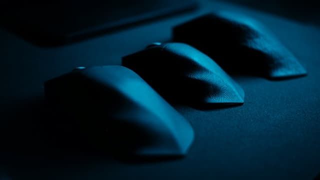 three black mice laid out on a desk