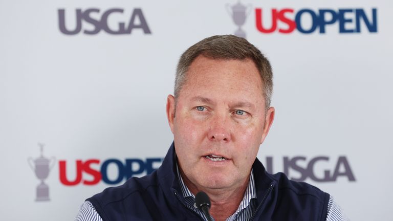 Mike Whan speaks to the media the day before the start of the 2022 US Open