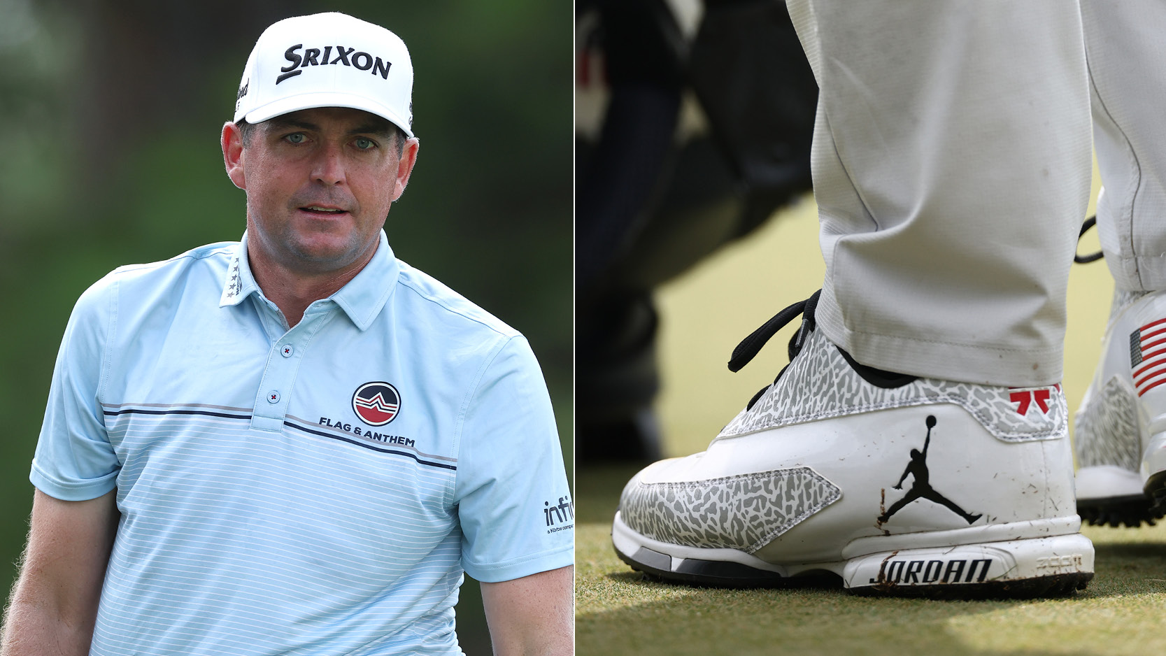 Keegan Bradley walks off the green, a close up of his golf shoes