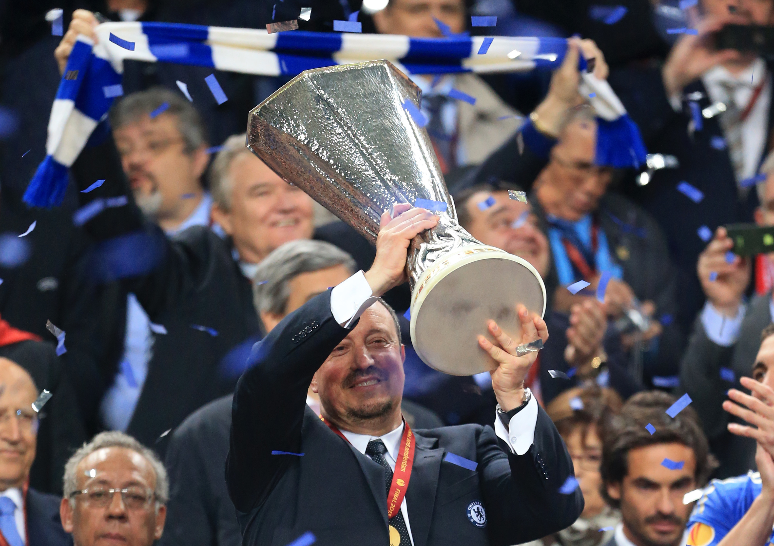 Rafa Benitez holds the Europa League trophy after Chelsea's victory in the final against Benfica in May 2013.