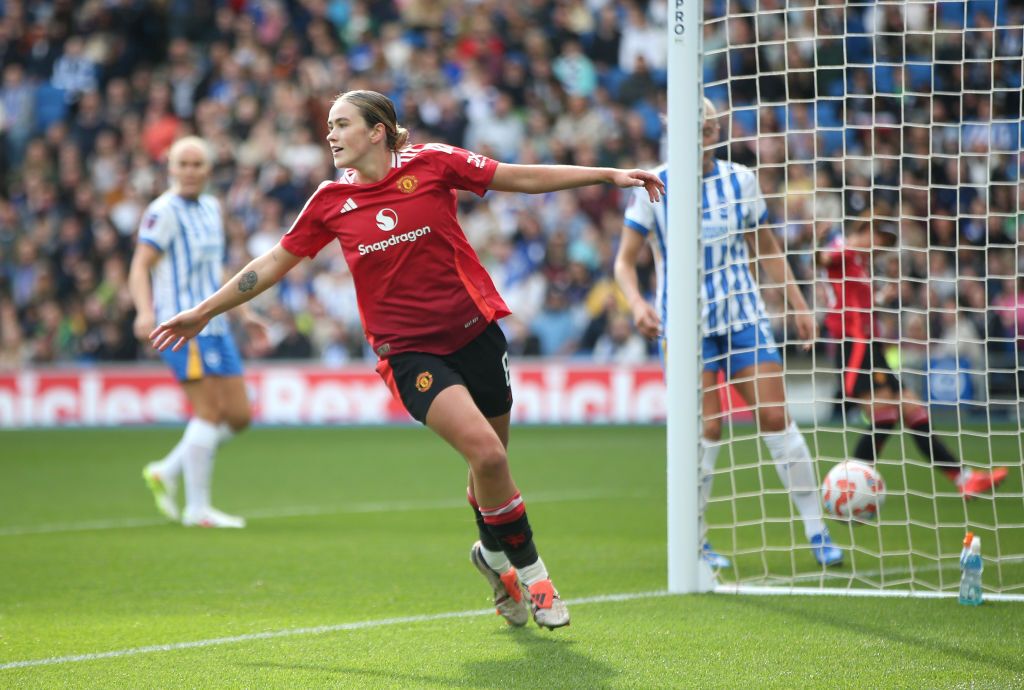 Grace Clinton of Manchester United celebrates scoring her team&#039;s first goal during the Barclays Women&#039;s Super League match between Brighton &amp; Hove Albion and Manchester United at Amex Stadium on October 19, 2024 in Brighton, England.