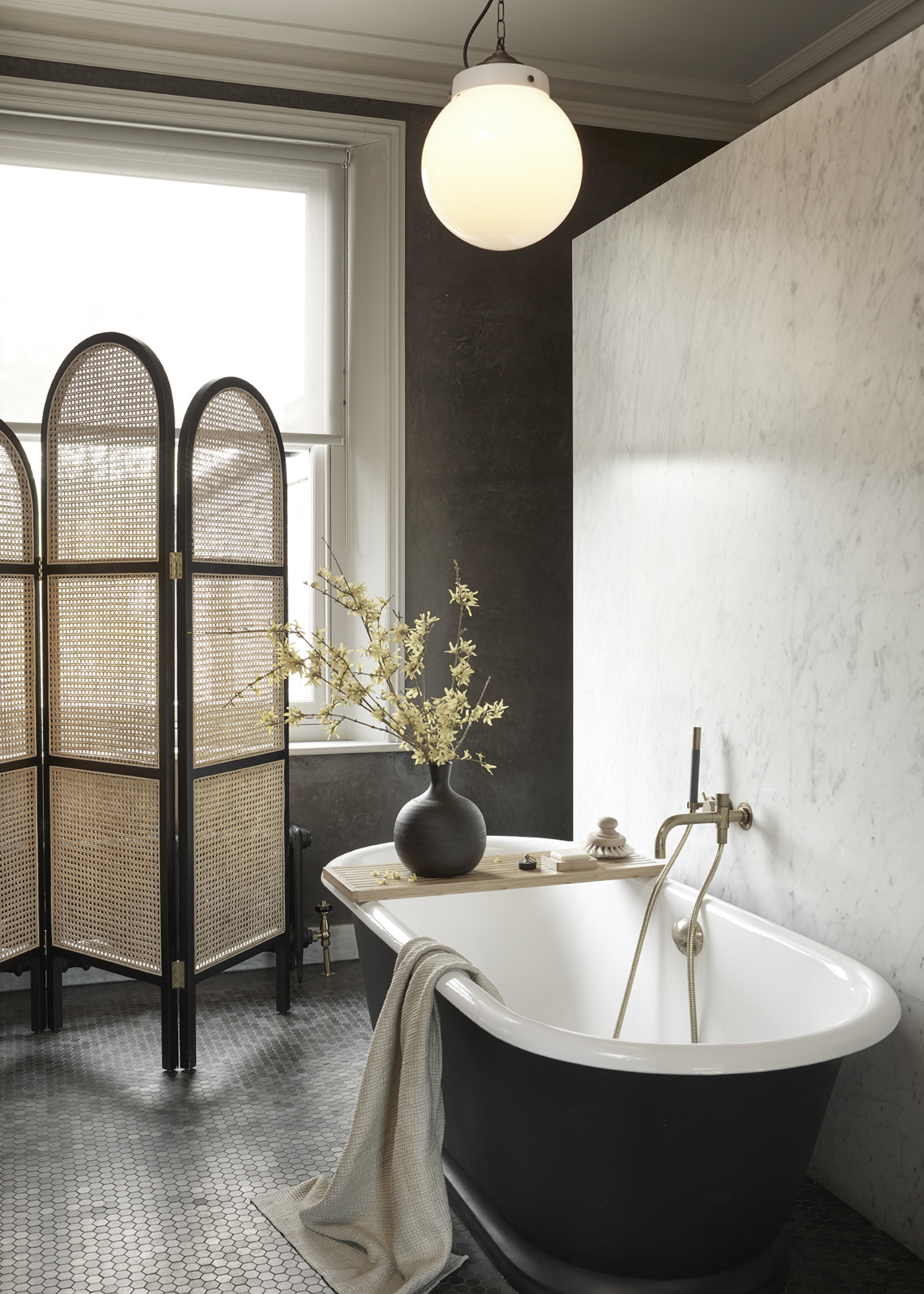 Pendant light in bathroom.