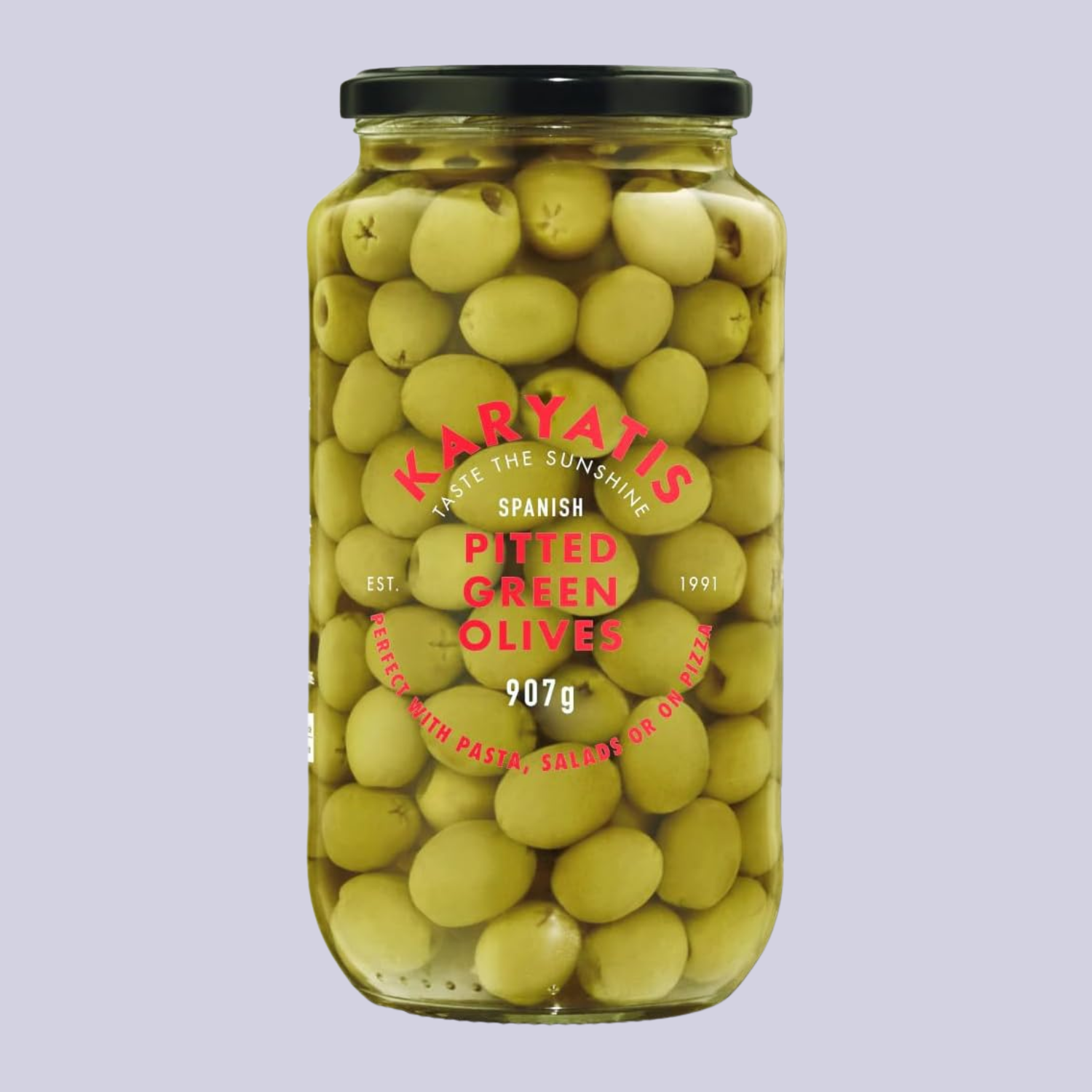 A bottle of pitted green olives