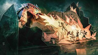 Artwork of warriors fighting dragons.