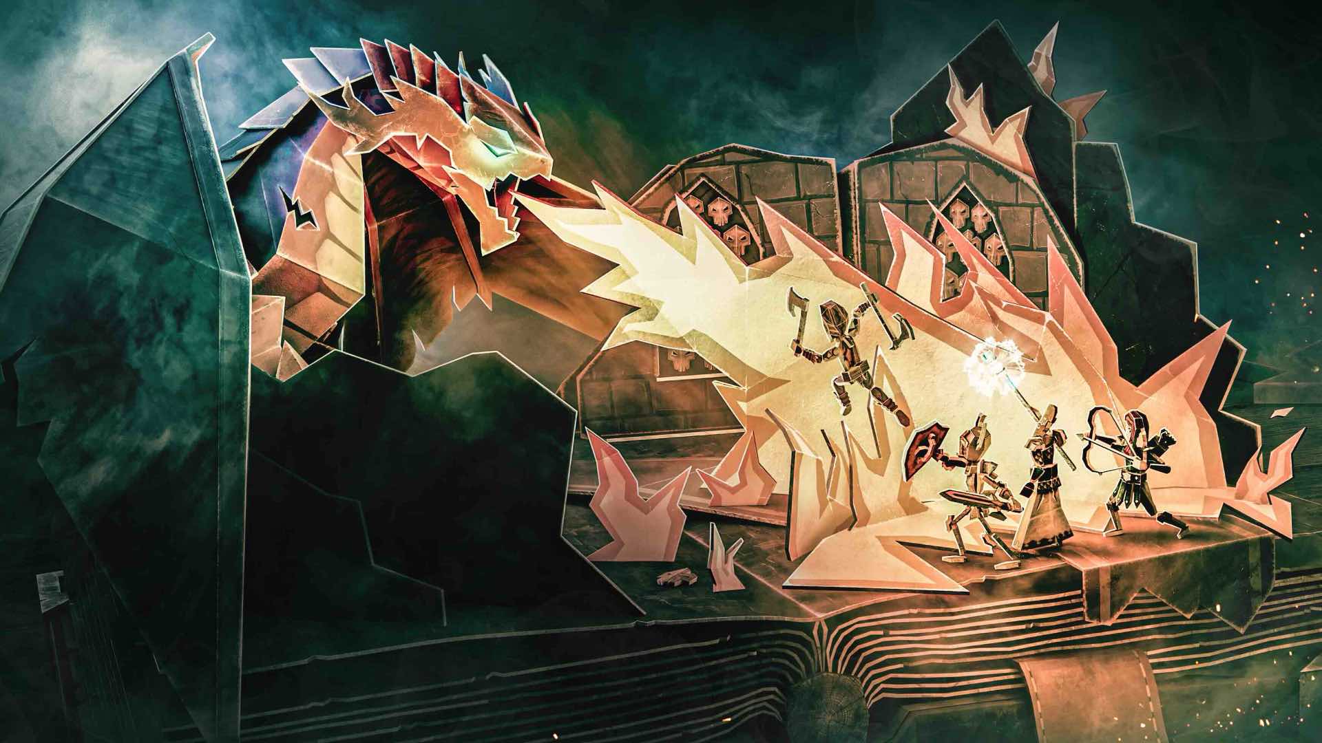 Artwork of warriors fighting dragons.