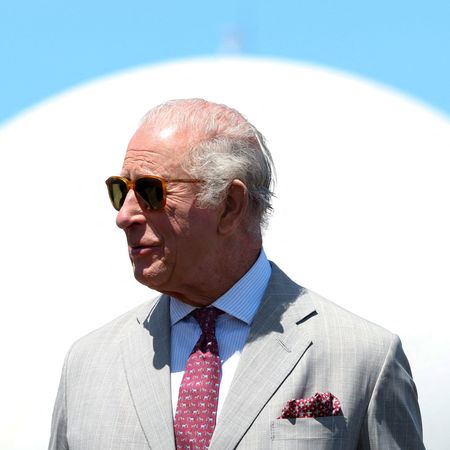 King Charles wearing sunglasses standing against a blue and white background