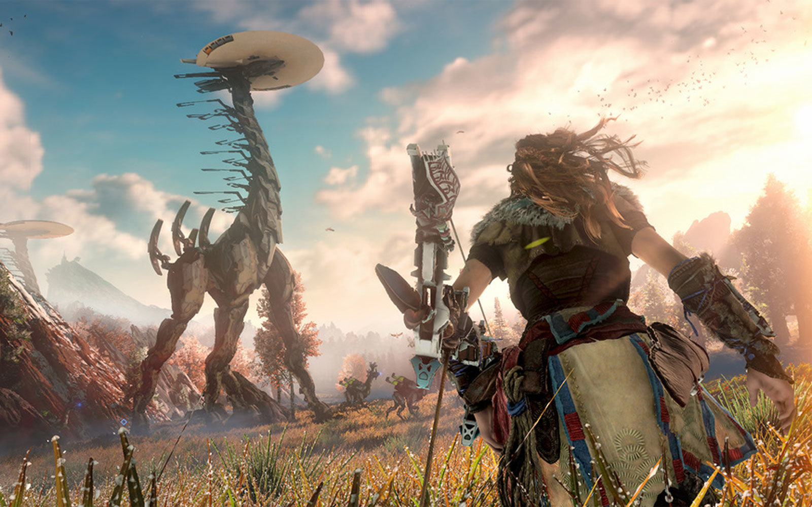 Horizon protagonist viewed from behind approaching a robot monster.