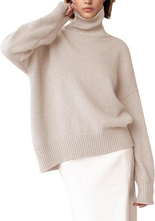 YKR, Ykr Women's Turtleneck Sweater Chunky Long Sleeve Knitted Pullover High Low Hem Sweater Jumper Top Lightbeige Xs