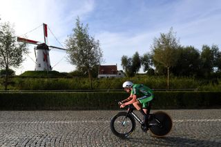 BRUGES BELGIUM SEPTEMBER 21 Darren Rafferty of Ireland sprints in front of a windmill in Damar City during the 94th UCI Road World Championships 2021 Men Junior ITT a 223km Individual Time Trial race from KnokkeHeist to Bruges flanders2021 ITT on September 21 2021 in Bruges Belgium Photo by Tim de WaeleGetty Images