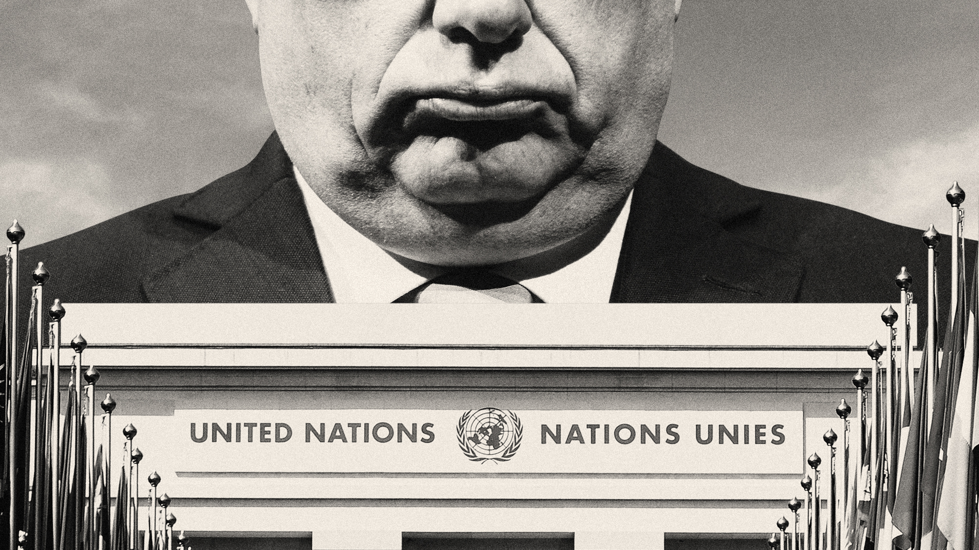 Photo collage illustration of Viktor Orban looming over the UN building in Geneva