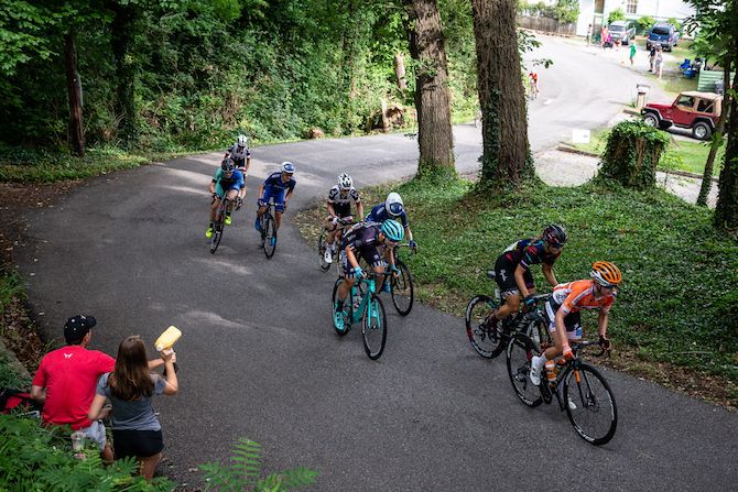 The women's lead group hits the climb on the first lap at the US Pro Road Race National Championships on June 24, 2018 in Knoxville, Tennessee