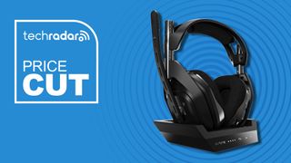 The Astro A50 gaming headset on a blue background with white price cut text