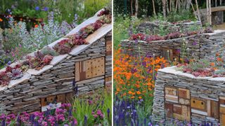 cottage garden ideas with raised beds with slate tiles and bug houses in the walls