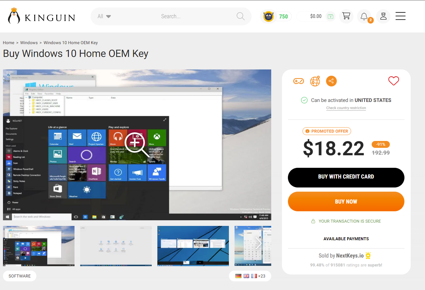 Kinguin's Windows 10 Home Page