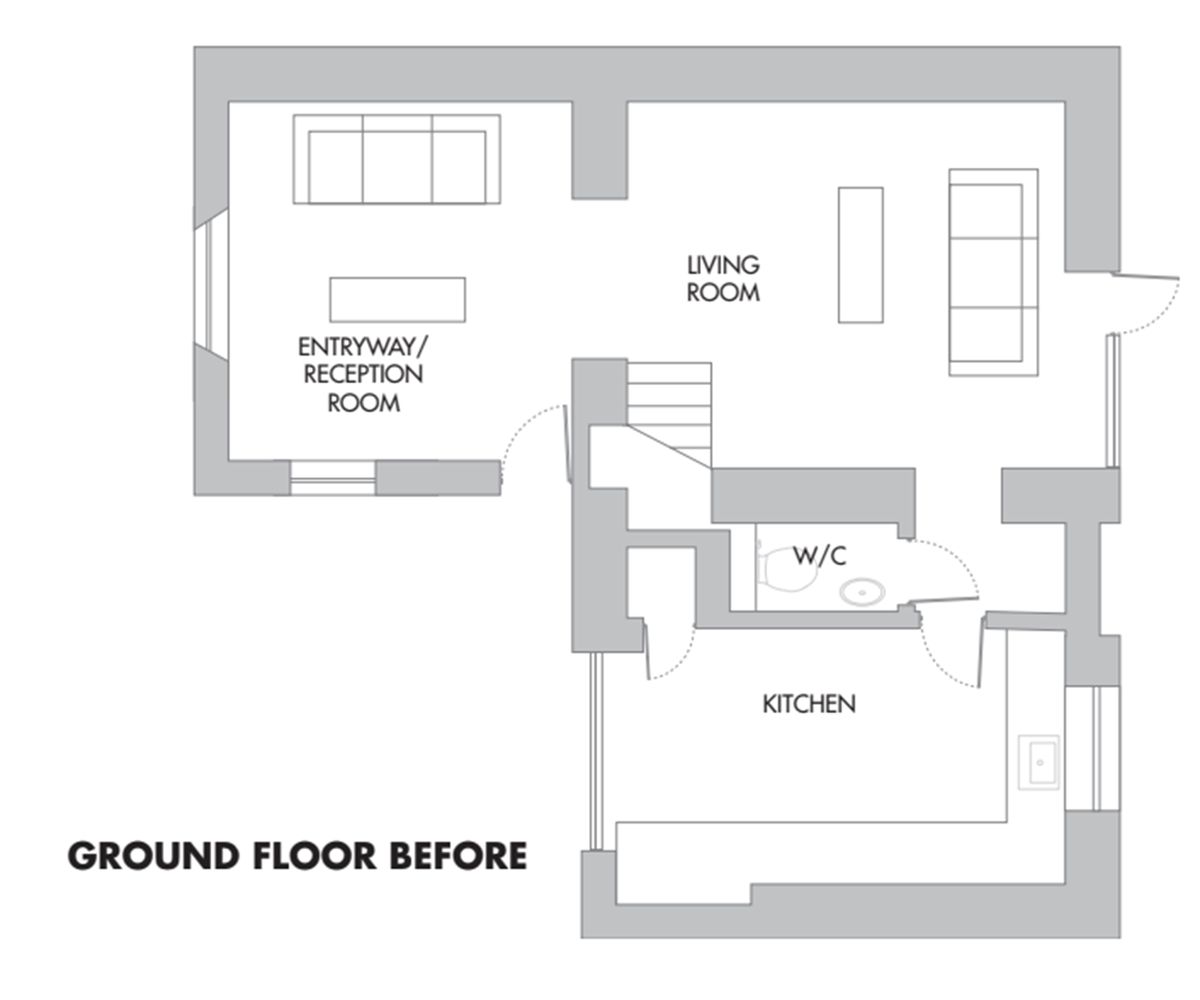 A floor plan drawn out to represent the ground floor before an extension