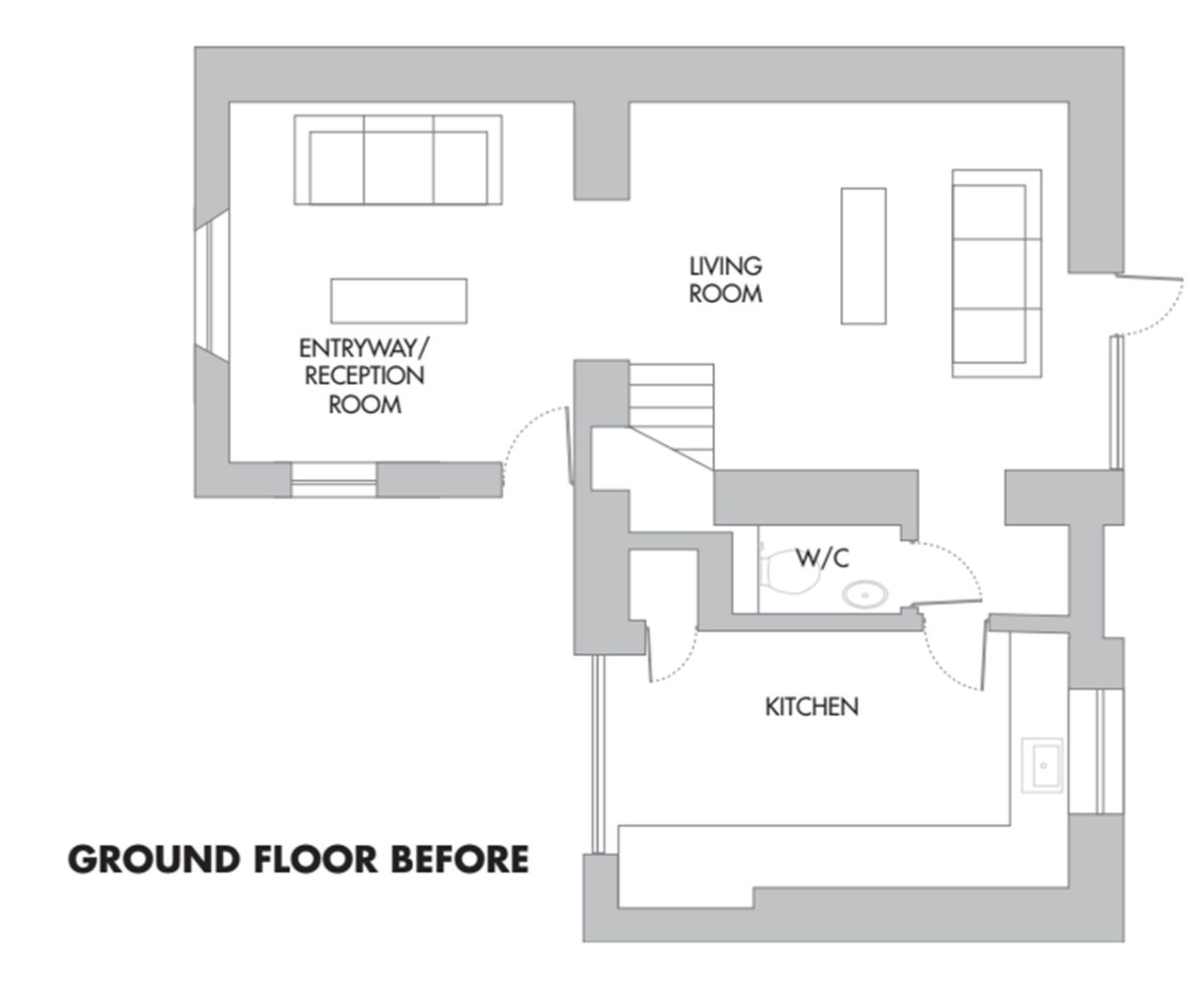 A floor plan drawn out to represent the ground floor before an extension