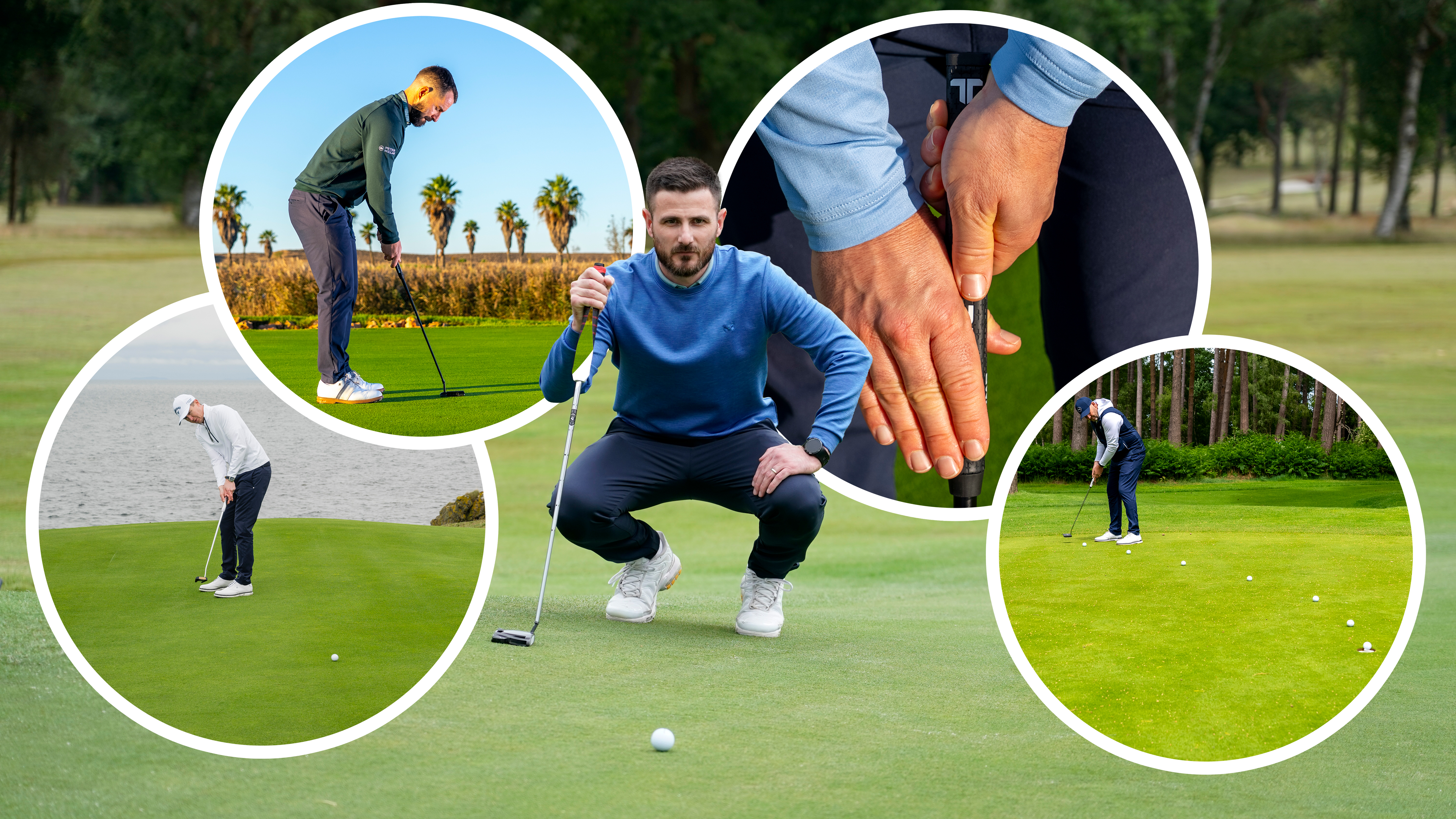 High-handicapper Baz Plummer reading a putt on the green, with inset images of the best lessons he has received to improve his putting