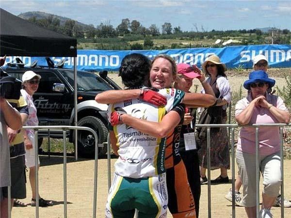 Jo Wall didn't show her disappointment as she congratulated fellow 'Dirt Roads to London' rider Rowena Fry.