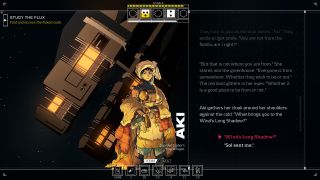 A screenshot from Citizen Sleeper showing a cartoon woman wearing shabby robes, with dialogue text shown alongside her.