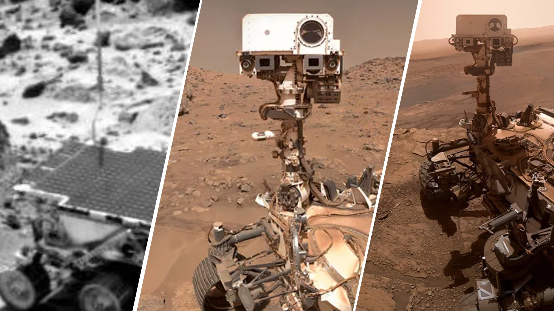 three panel image showing sojourner rover left, perseverance middle and curiosity on the right.