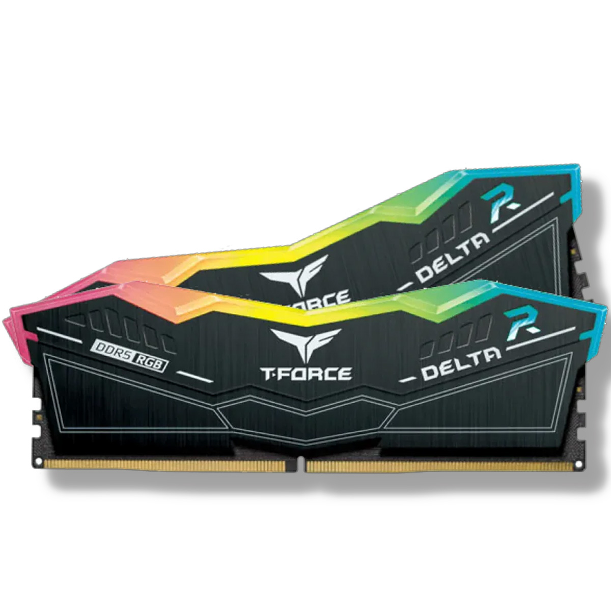 A pair of TeamGroup T-Force Delta RGB DDR5 RAM modules against a white background