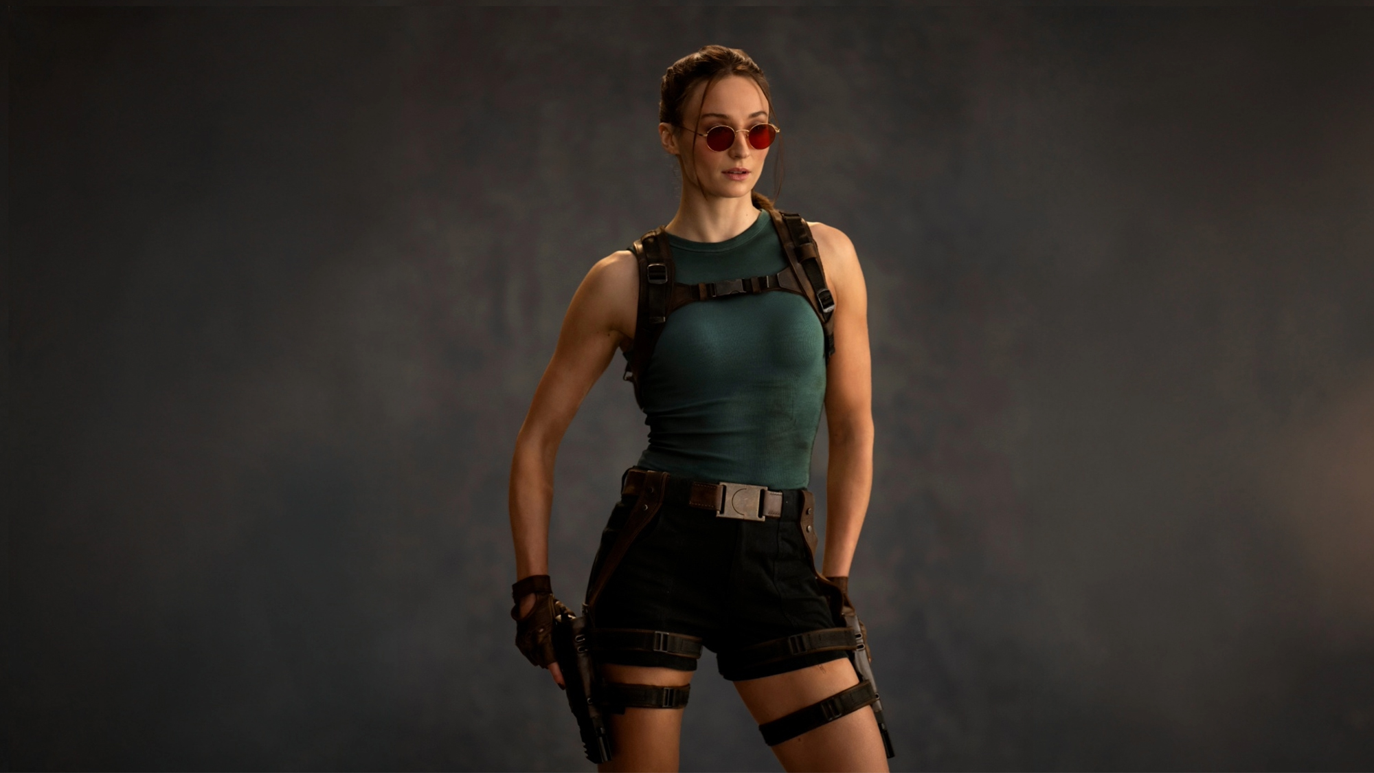 Sophie Turner as Lara Craft in a promo shot for Tomb Raider