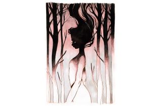 Stylised ink drawing of a woman in a forest