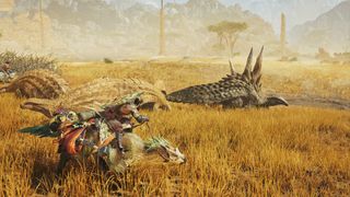 A seikret-mounted hunter rides past a herd of Ceratonoth in Monster Hunter Wilds.