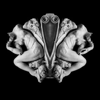 Photography of a symmetrical sculpture of bodies, owls and faces against a black background