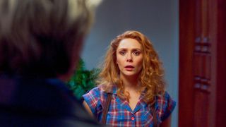 Elizabeth Olsen as Wanda in WandaVision, staring at the fake Pietro (off-camera)