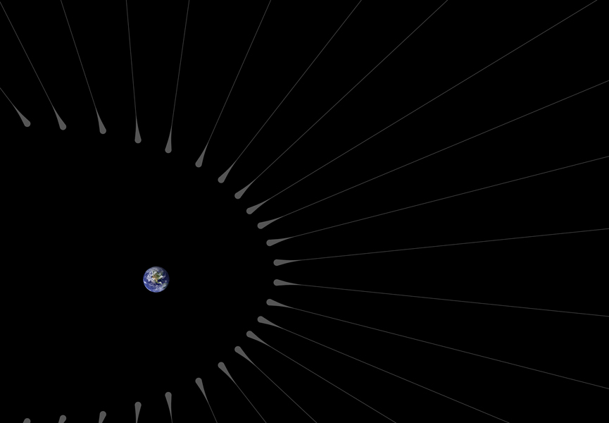 This artist’s illustration shows a close-up rendering of possible dark matter "hairs" surrounding Earth.