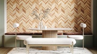 A wall covered in Verus Herringbone 3D Effect Faux Wood Wallpaper by Bobbi Beck