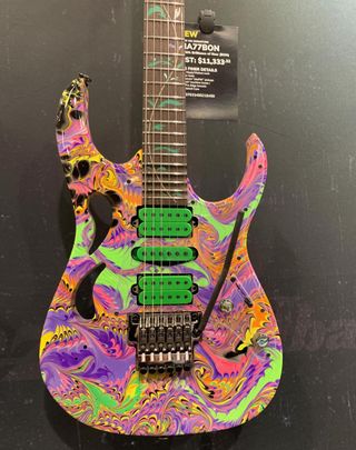 Ibanez's new Steve Vai signature PIA77BON guitar, displayed at the 2023 NAMM show