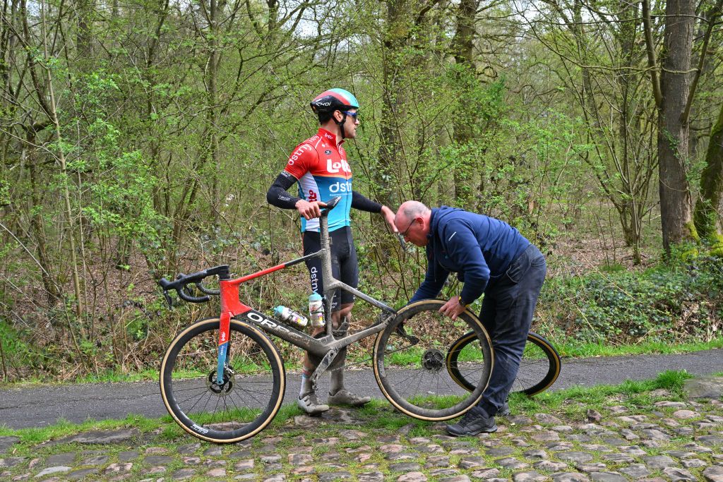 ROUBAIX FRANCE APRIL 05 Jacopo Guarnieri of Italy and Team Lotto Dstny suffers a mechanical problemat the Troue dArenberg cobblestones sector during the 121st ParisRoubaix 2024 Previews UCIWT on April 05 2024 in Roubaix France Photo by Luc ClaessenGetty Images