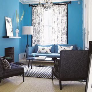 living area with blue wall and blue sofa with cushions