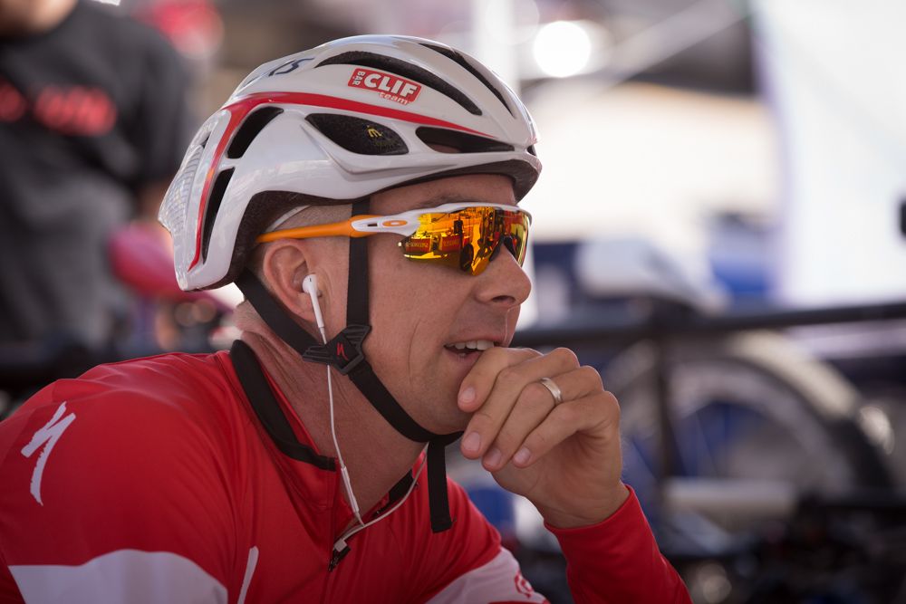 Four-time STXC National Champion Todd Wells shortly before staging of the STXC National Championships in Mammoth. Wells looks for advantages in everything from aero helmets to ultra-lightweight tires for the twenty minute and three lap format.