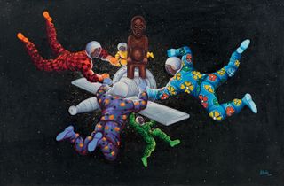 Artistic image depicting five people in space holding onto a satellite with an African person sitting on top of the satellite
