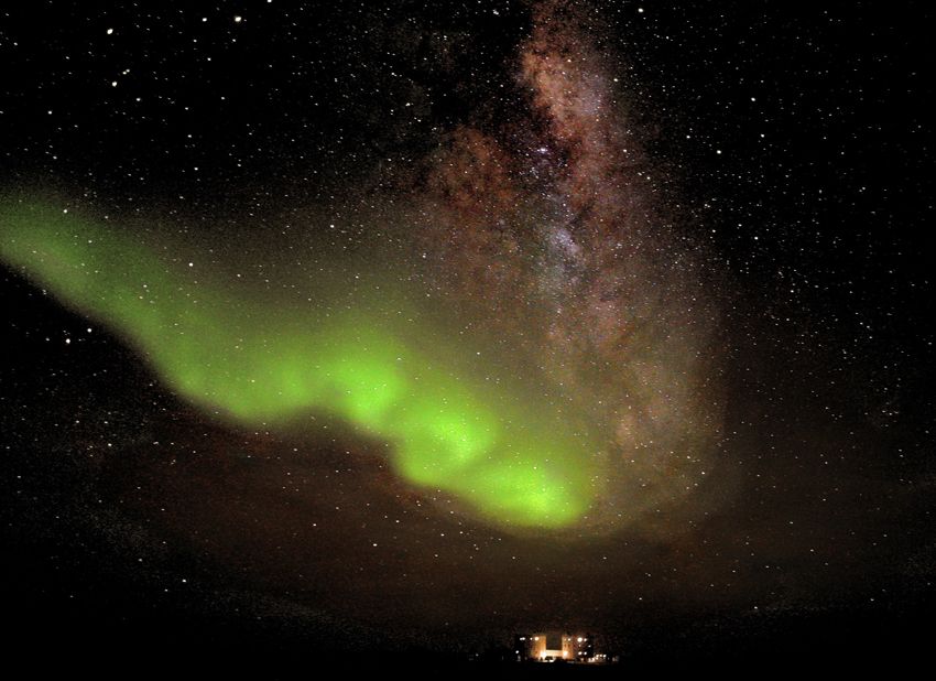 Aurora hangs over Concordia Station in Antarctica.