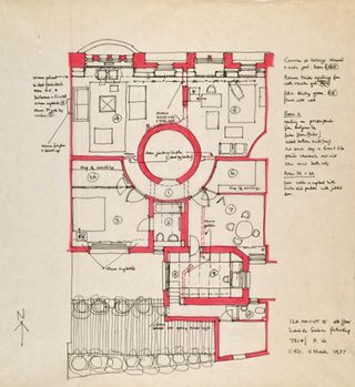 Image of a free-hand drawing of early plans and annotations for 120 mount street